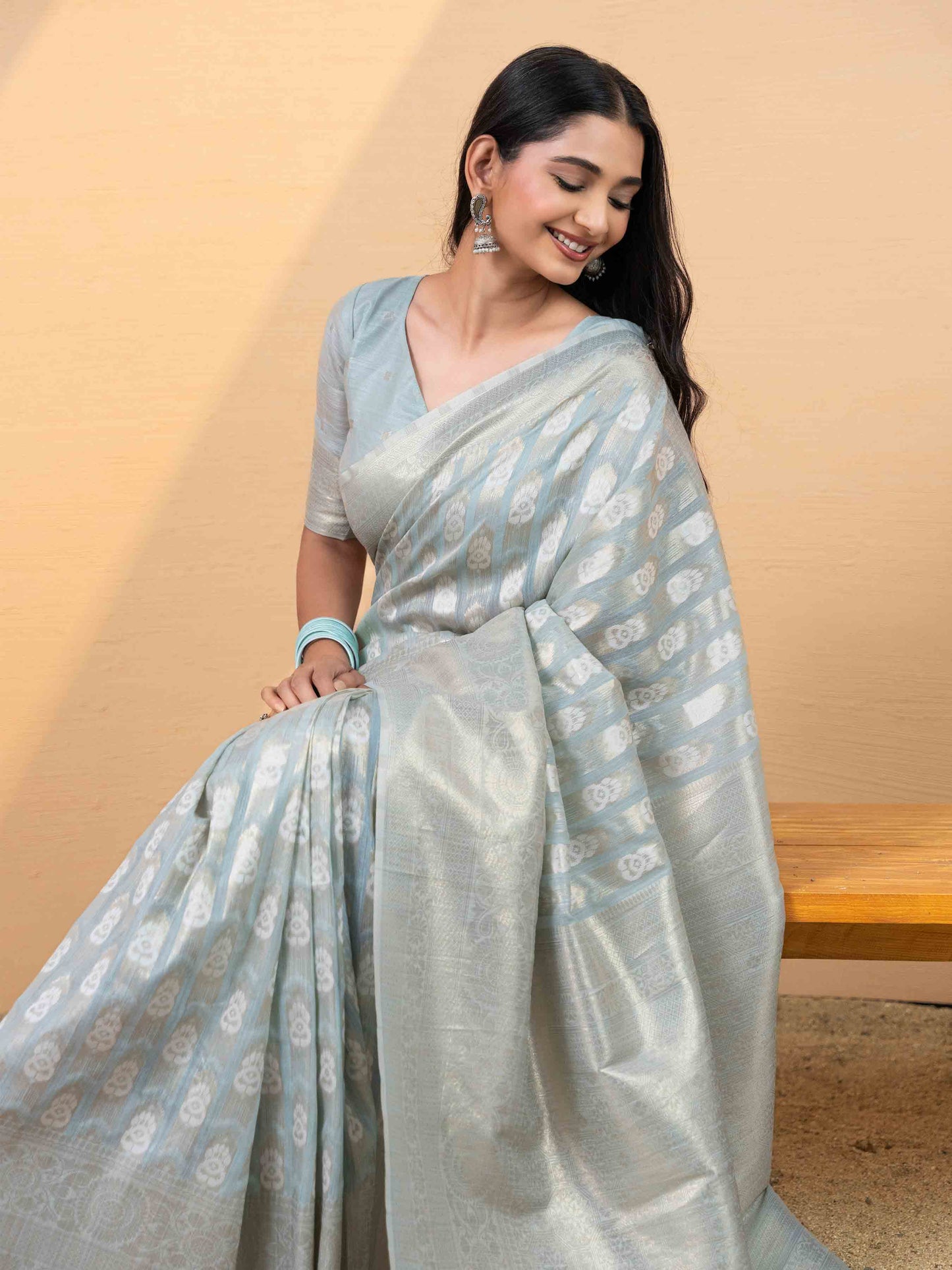Misty Blue Linen Saree with Silver Zari Accents