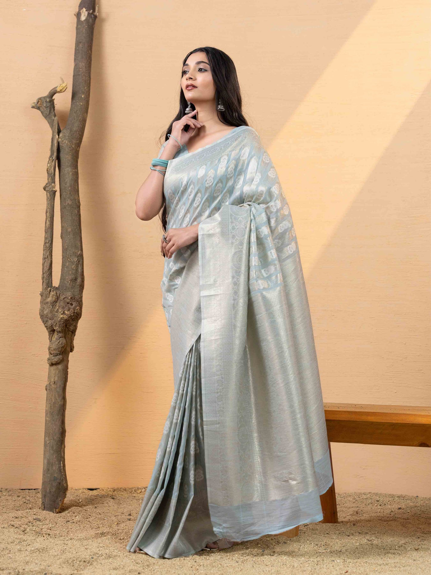 Misty Blue Linen Saree with Silver Zari Accents