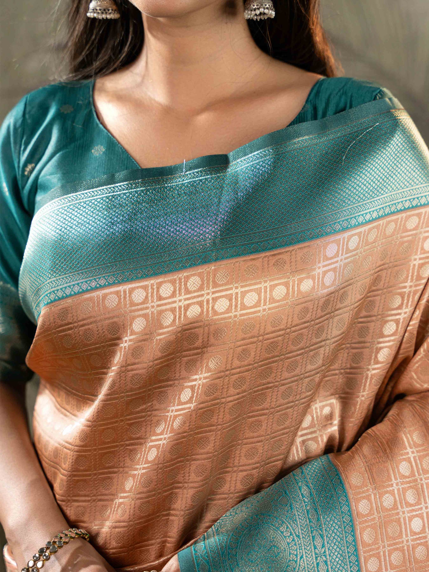 Peach and Teal Green Kanjivaram Silk Saree
