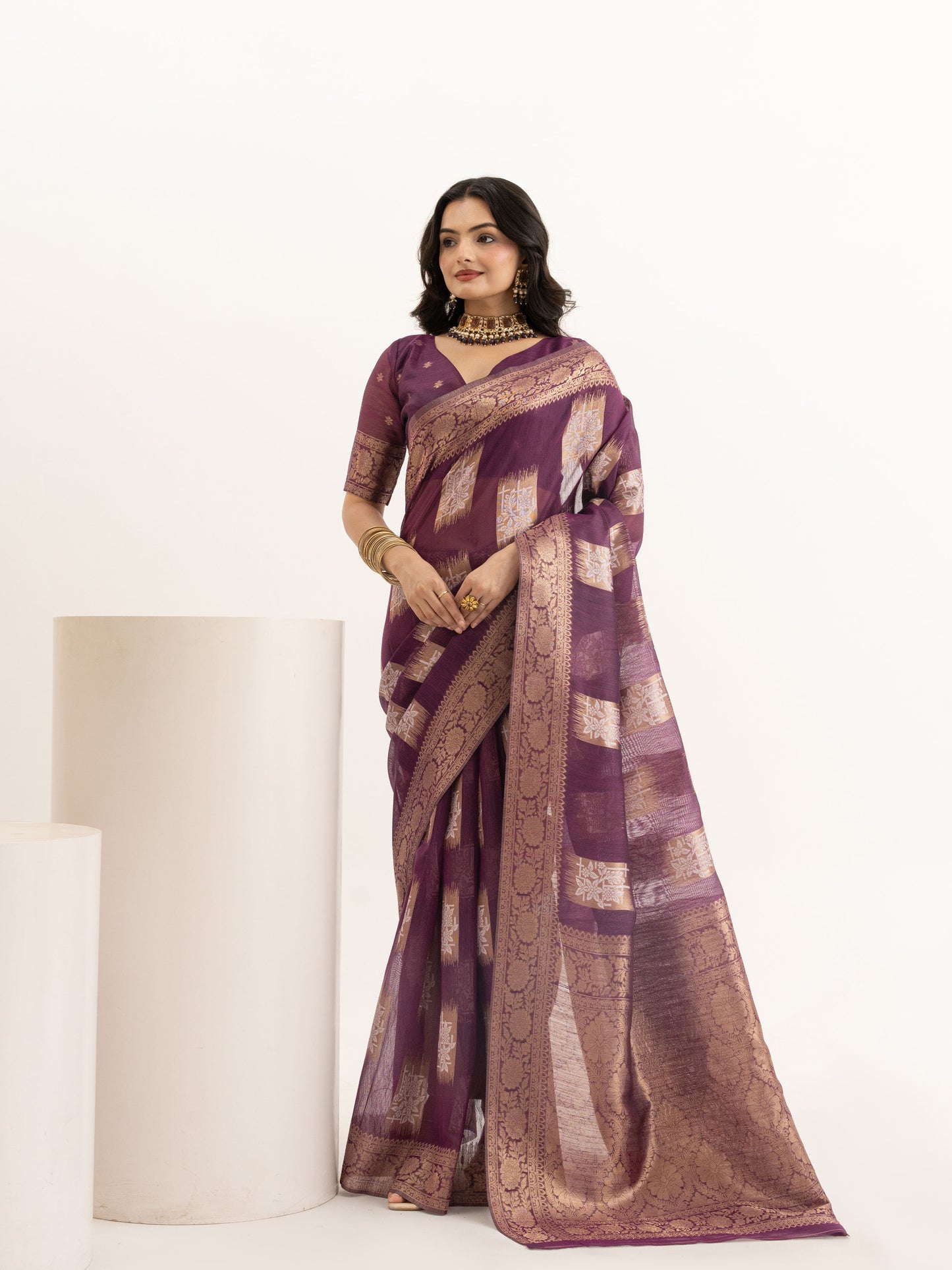 Opulent Plum Zari-Woven Linen Saree