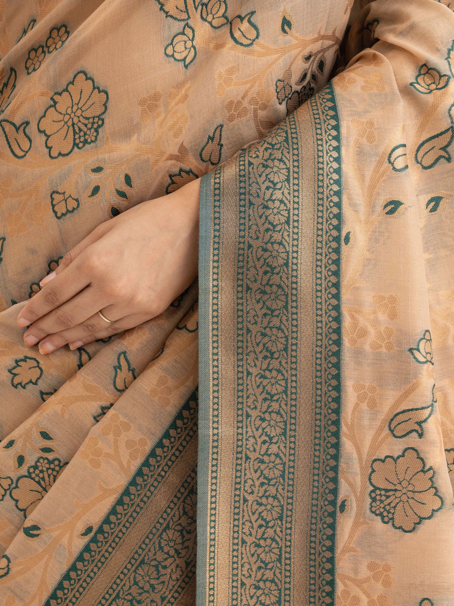 Beige & Teal Green Woven Linen Saree