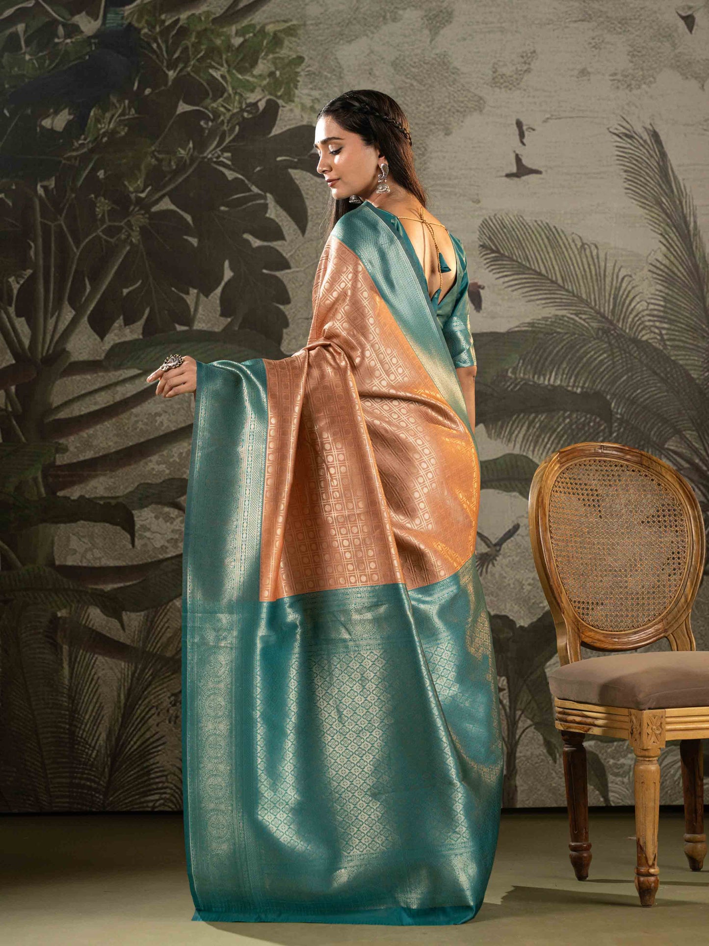 Peach and Teal Green Kanjivaram Silk Saree