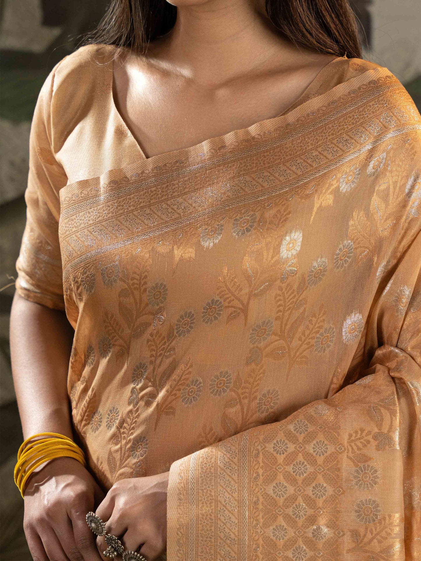 Golden Beige Woven Linen Saree With Silver Zari