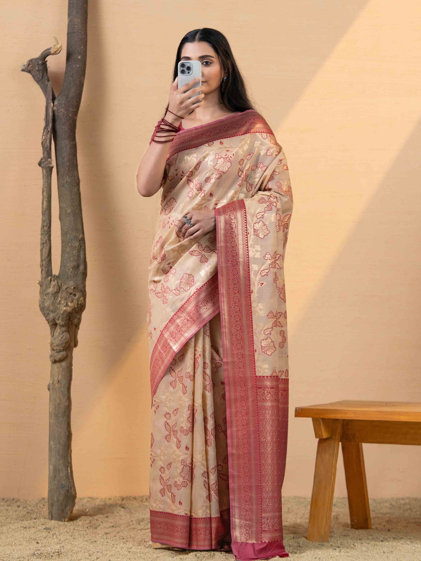 Beige & Rose Pink Woven Linen Saree
