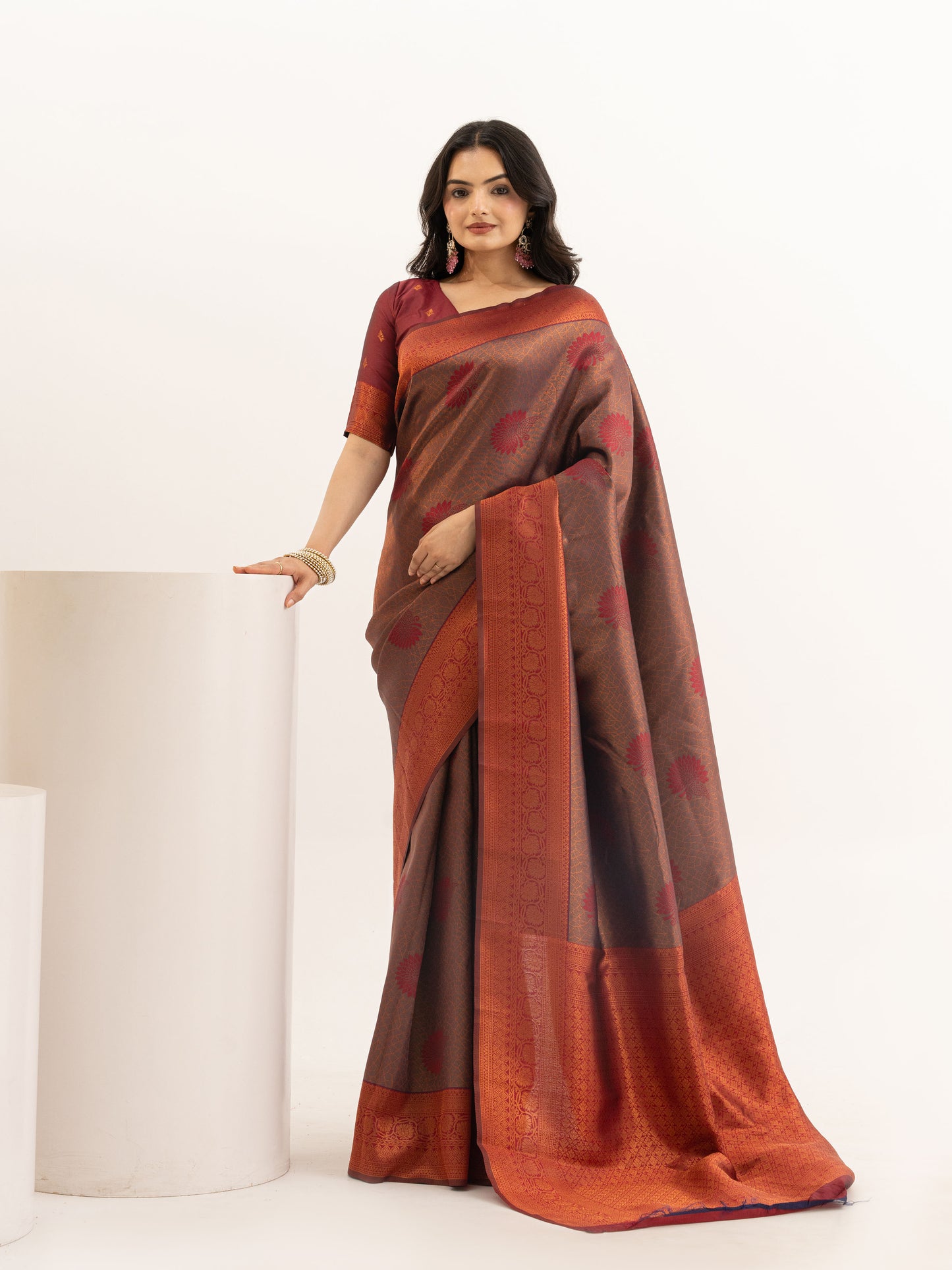 Regal Auburn and Antique Gold Kanjivaram Silk Saree