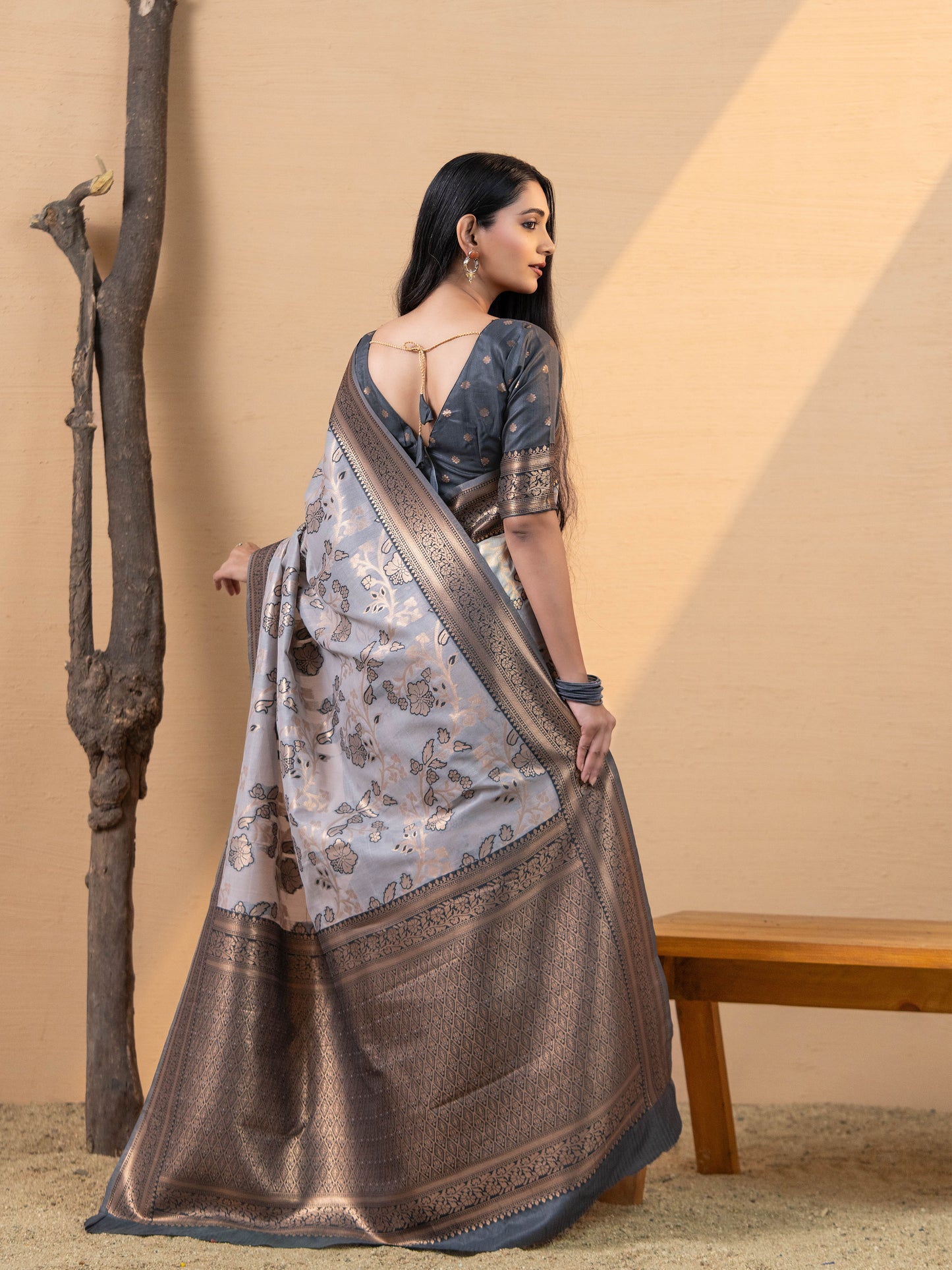Grey and Black Linen Woven Saree