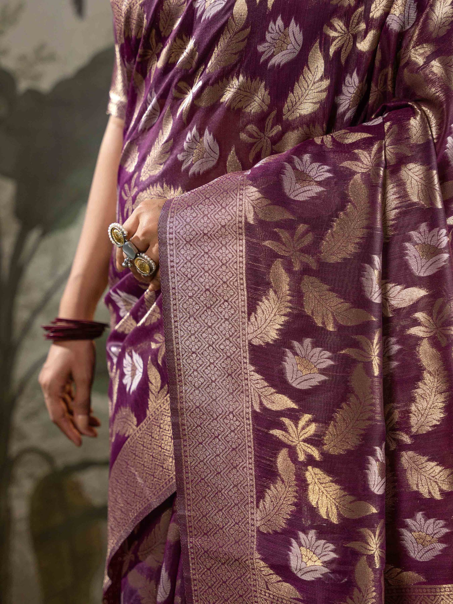 Royal Plum with Antique Gold Zari Woven Linen Saree