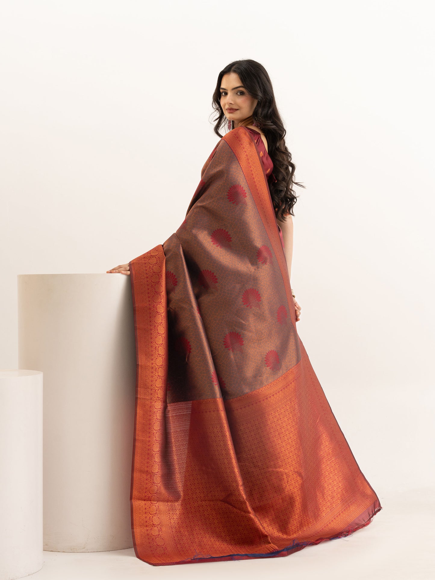 Regal Auburn and Antique Gold Kanjivaram Silk Saree