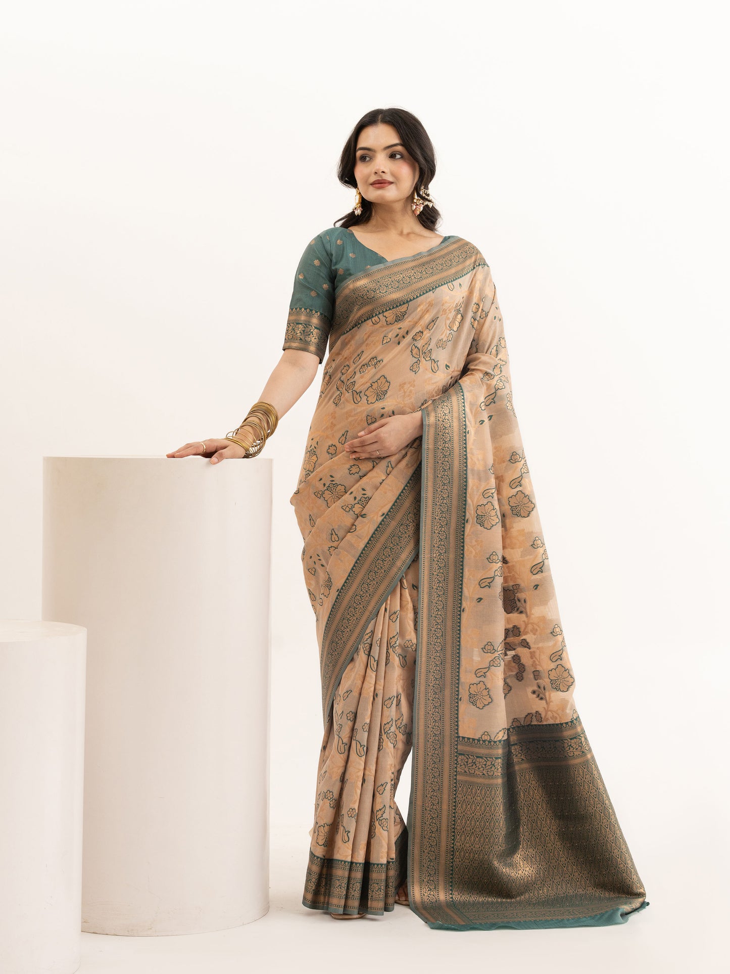 Beige & Teal Green Woven Linen Saree