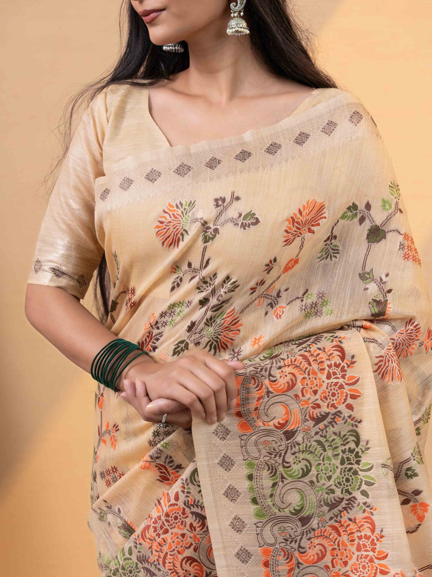 Beige With Multicolour Floral Linen Saree