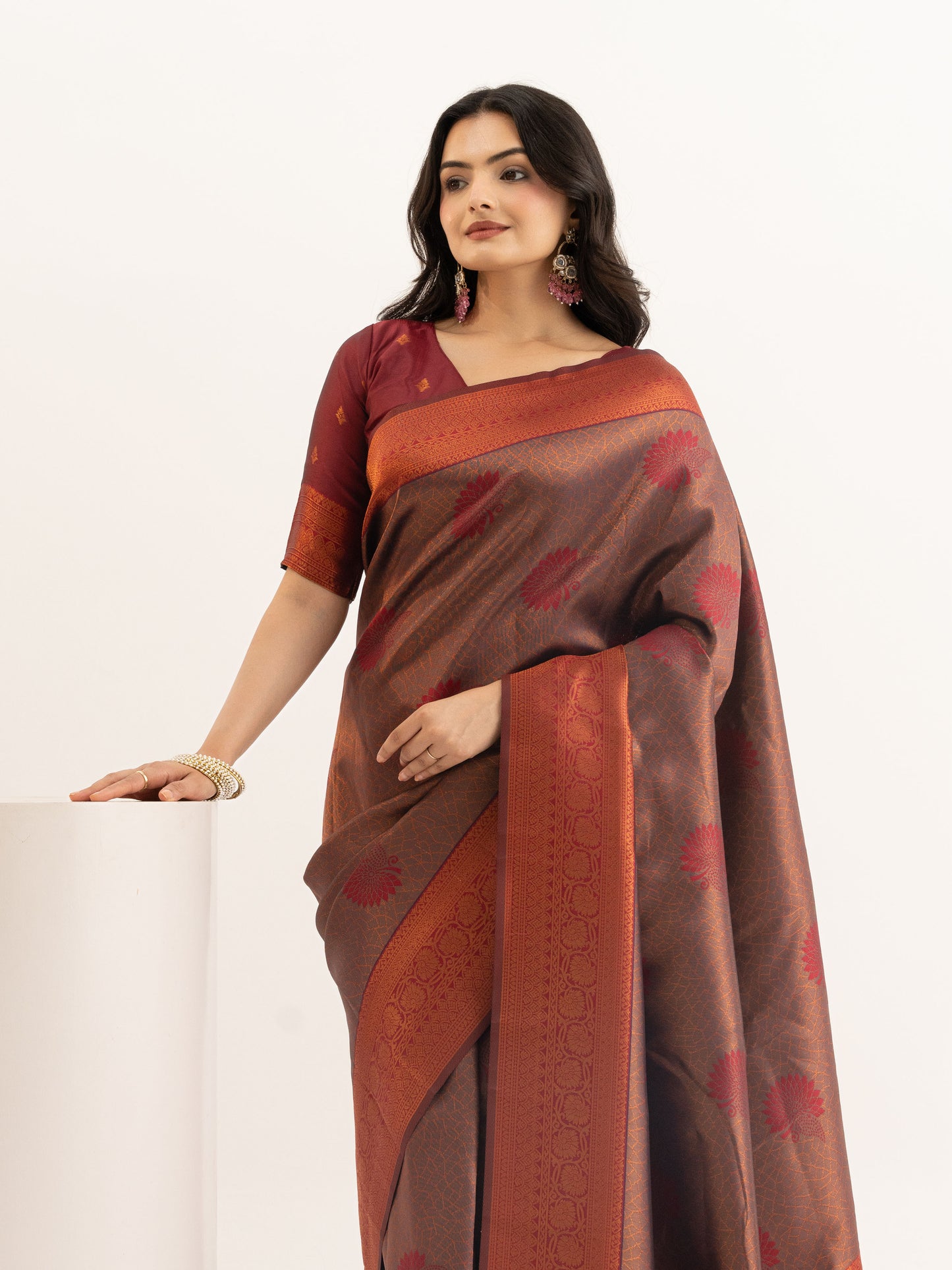 Regal Auburn and Antique Gold Kanjivaram Silk Saree