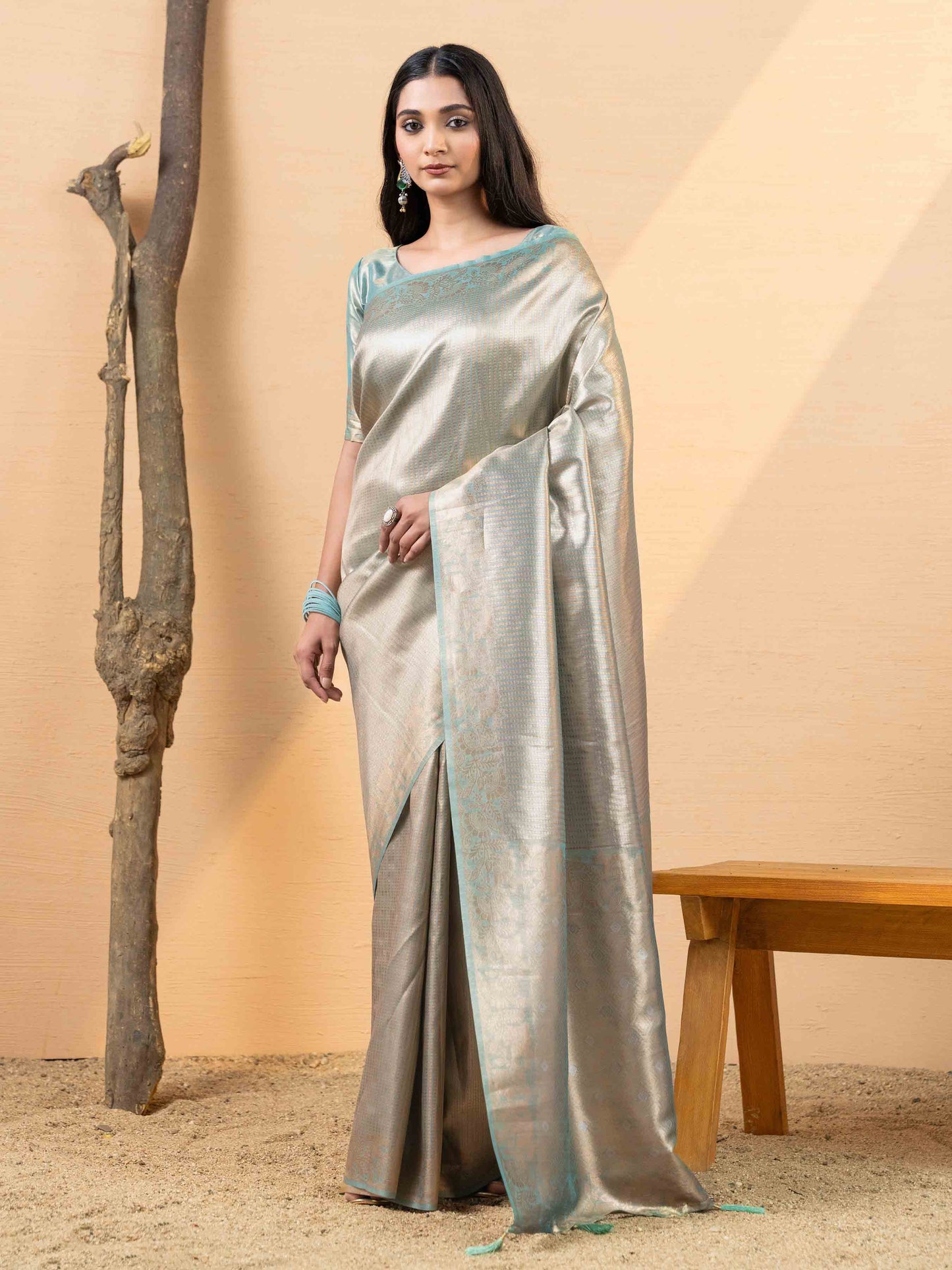 Pearl Mint Green Tissue Silk Saree
