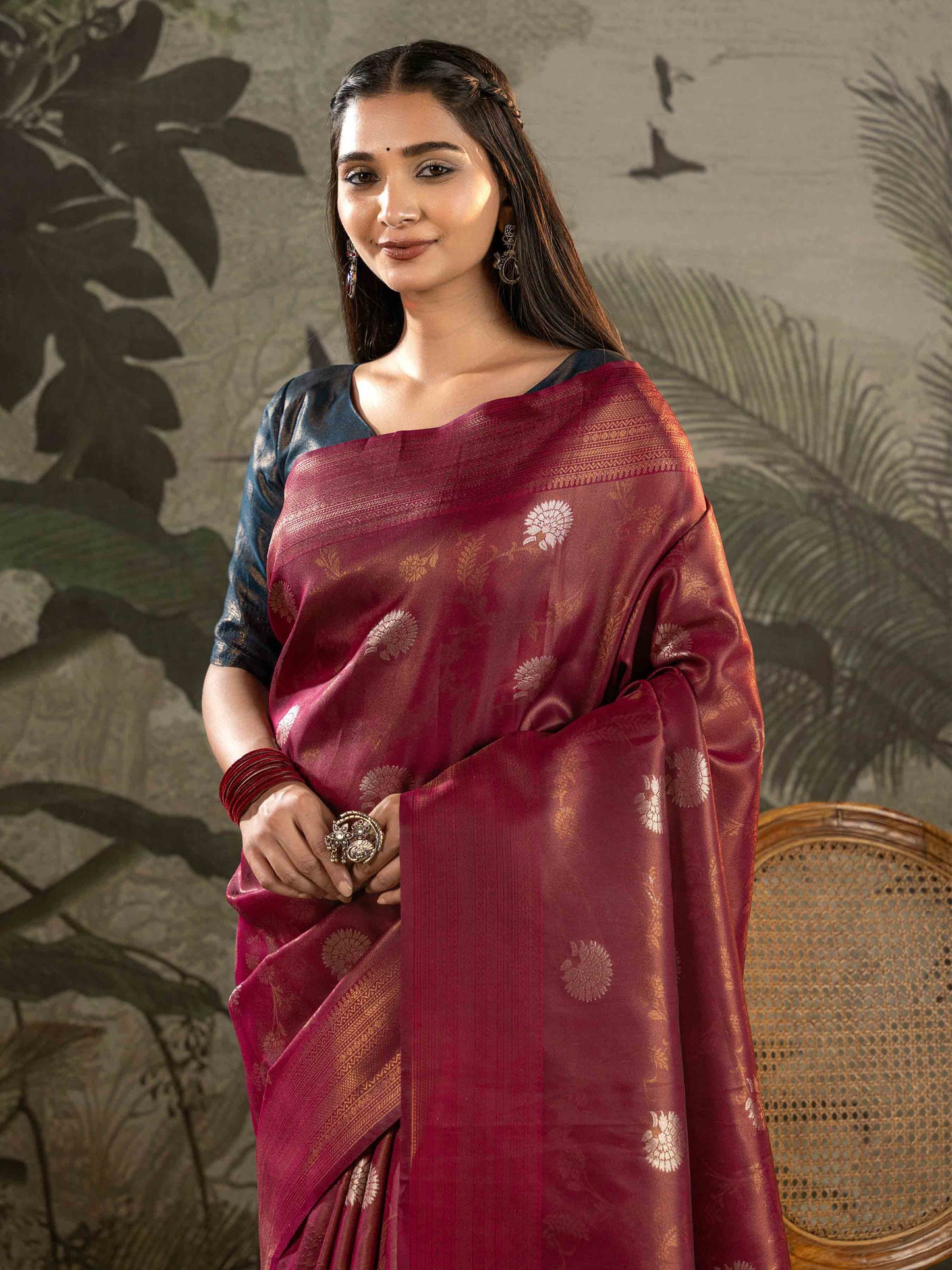Wine Kanjivaram Tissue Silk Saree