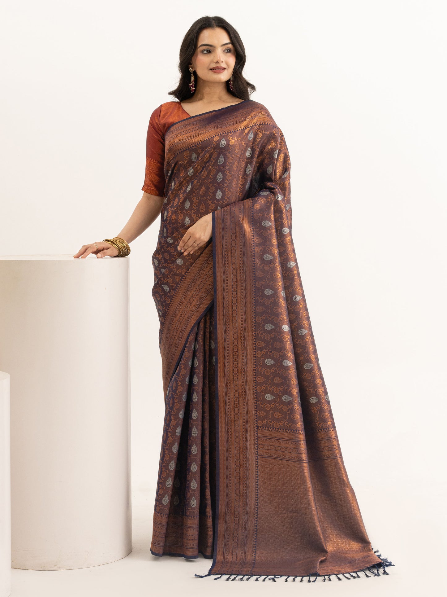 Regal Brown Kanjivaram Silk Saree with Silver Motifs