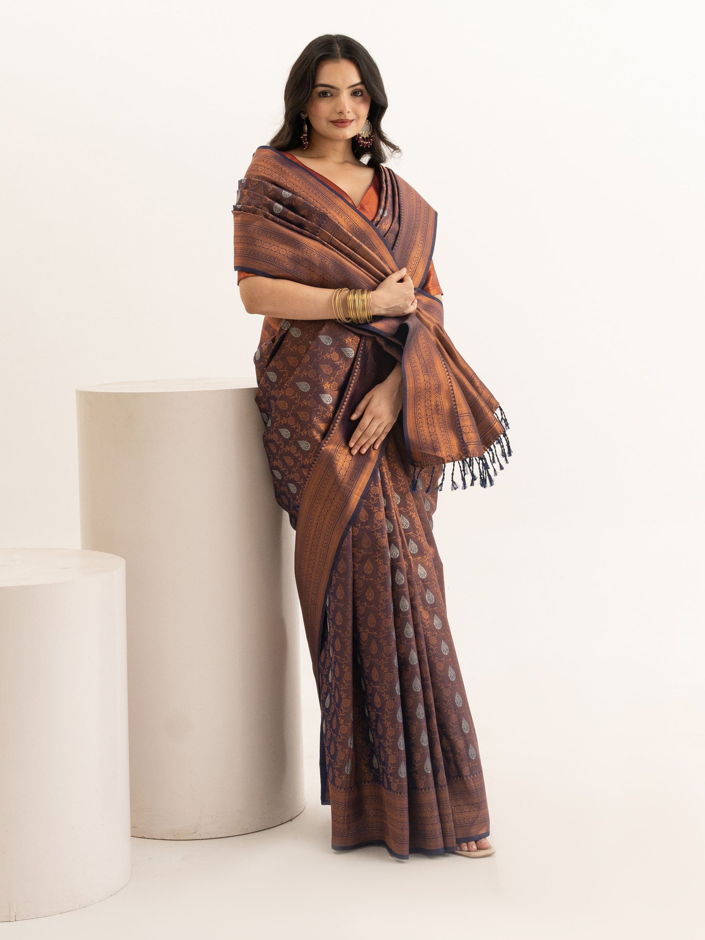 Regal Brown Kanjivaram Silk Saree with Silver Motifs