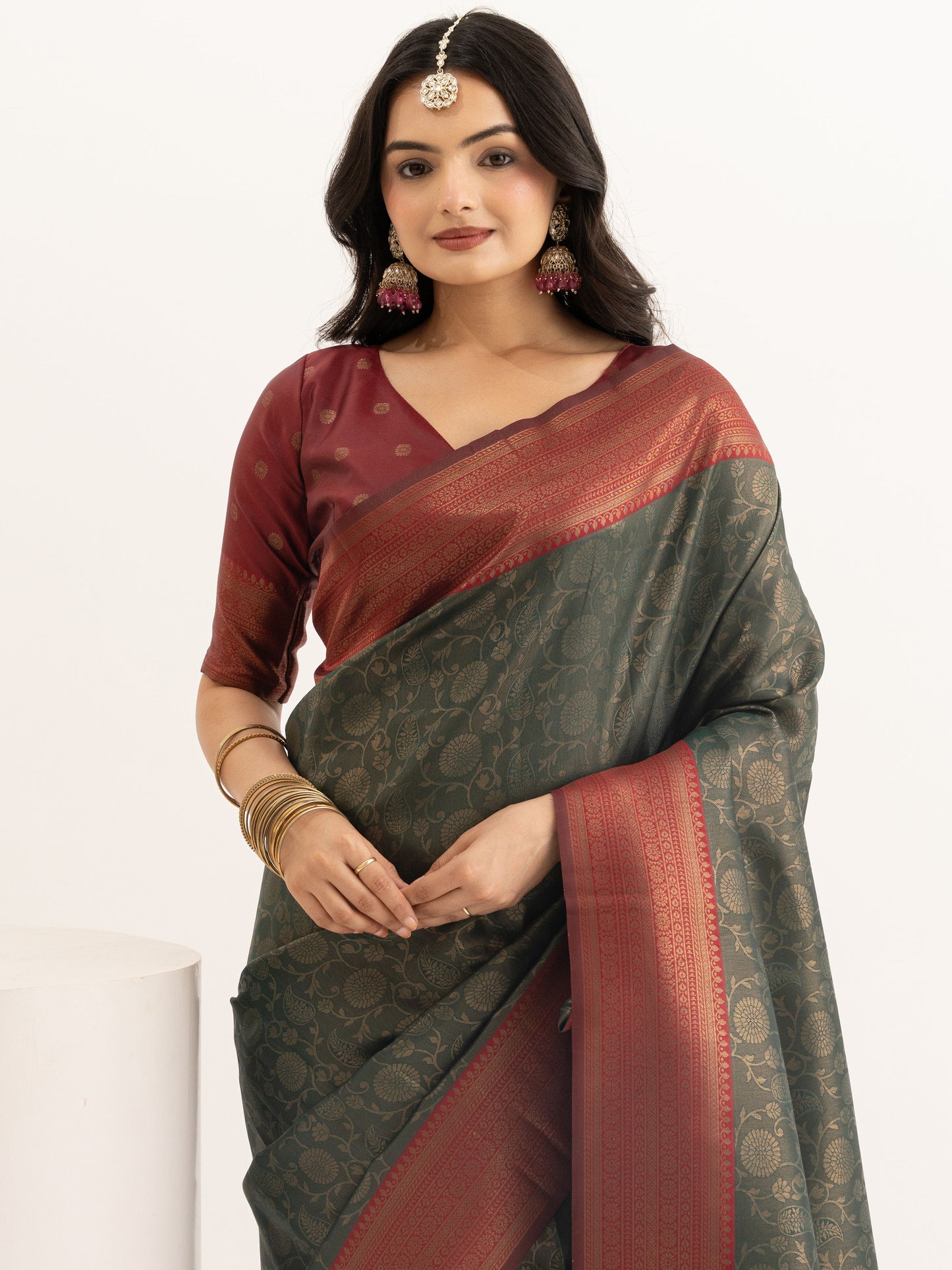 Bottle Kanjivaram Silk Saree with Floral Zari Weave