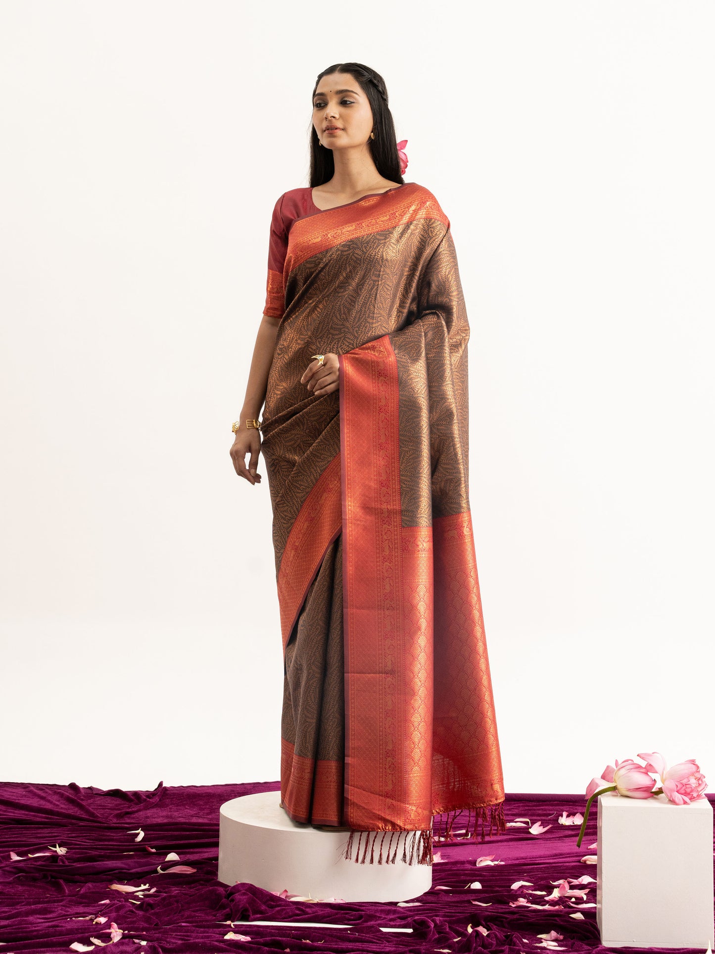 Traditional Copper Brown & Maroon Kanjivaram Silk Saree