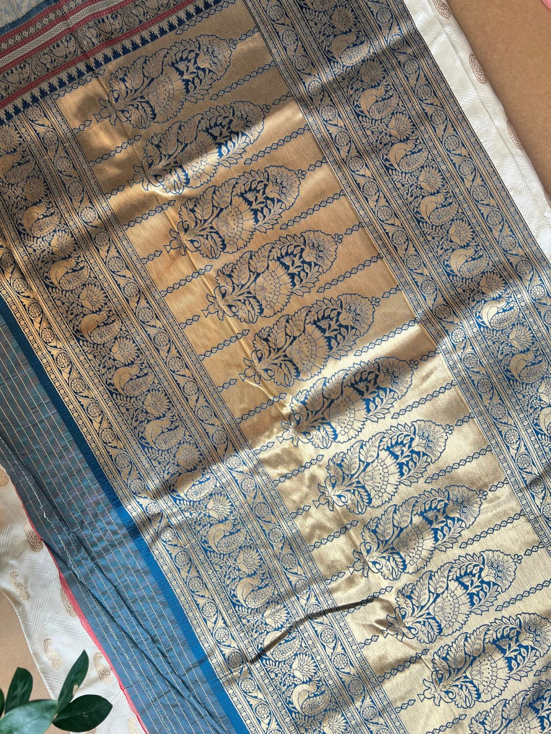 White Paisley Butta Woven Silk Saree with Blue-Red Temple Border