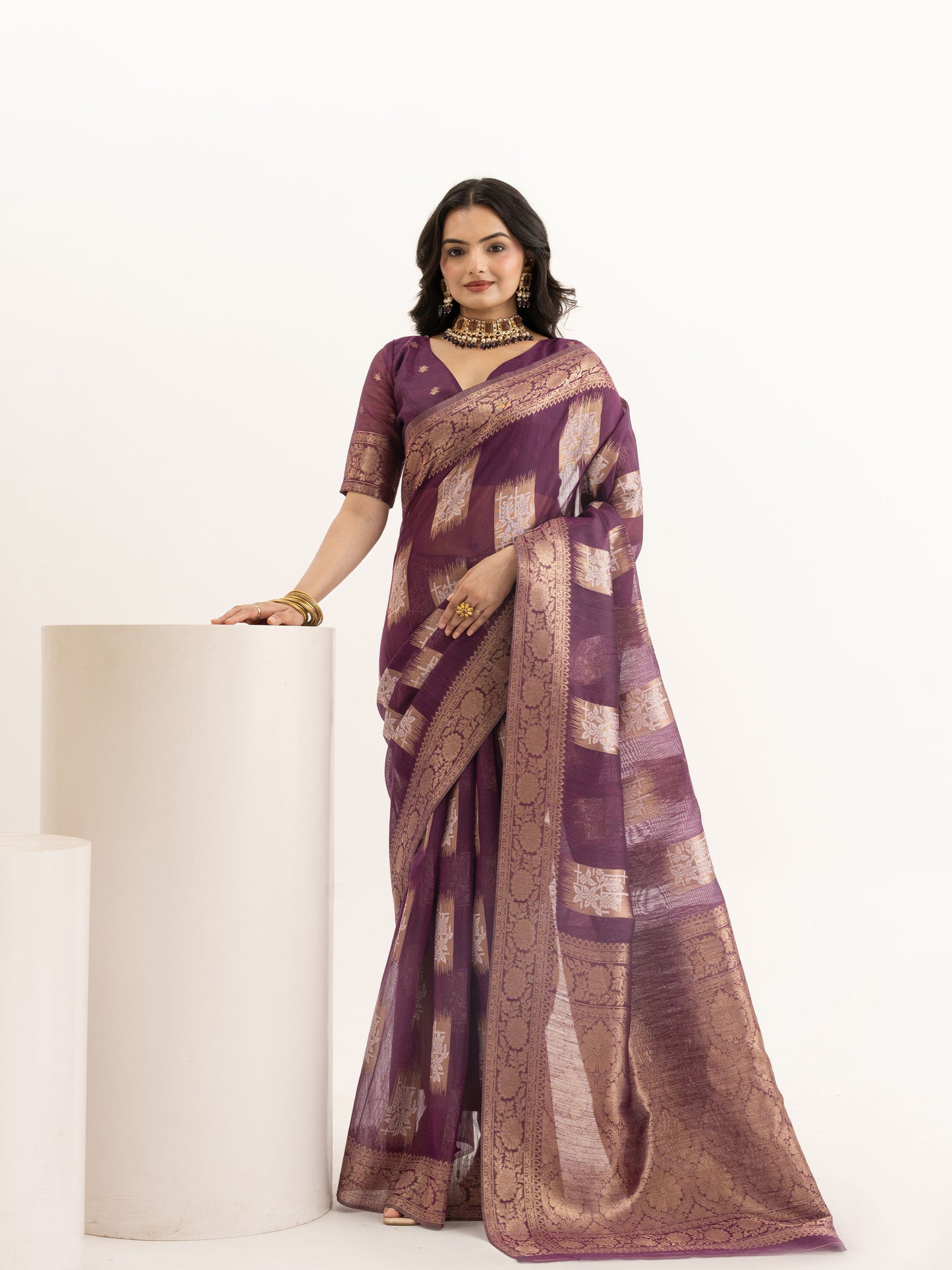 Opulent Plum Zari-Woven Linen Saree