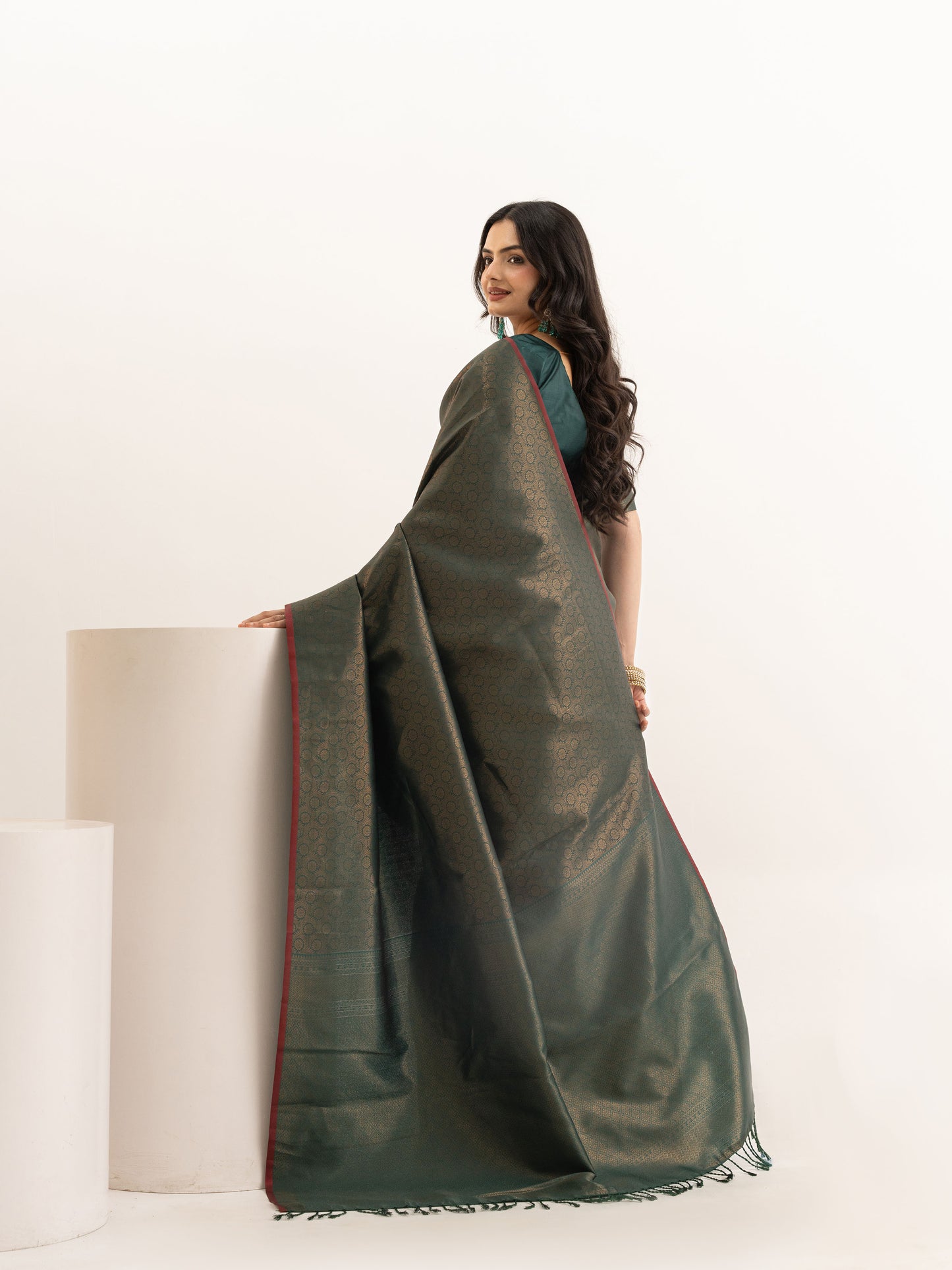 Majestic Dark Olive Green Kanjivaram Silk Saree