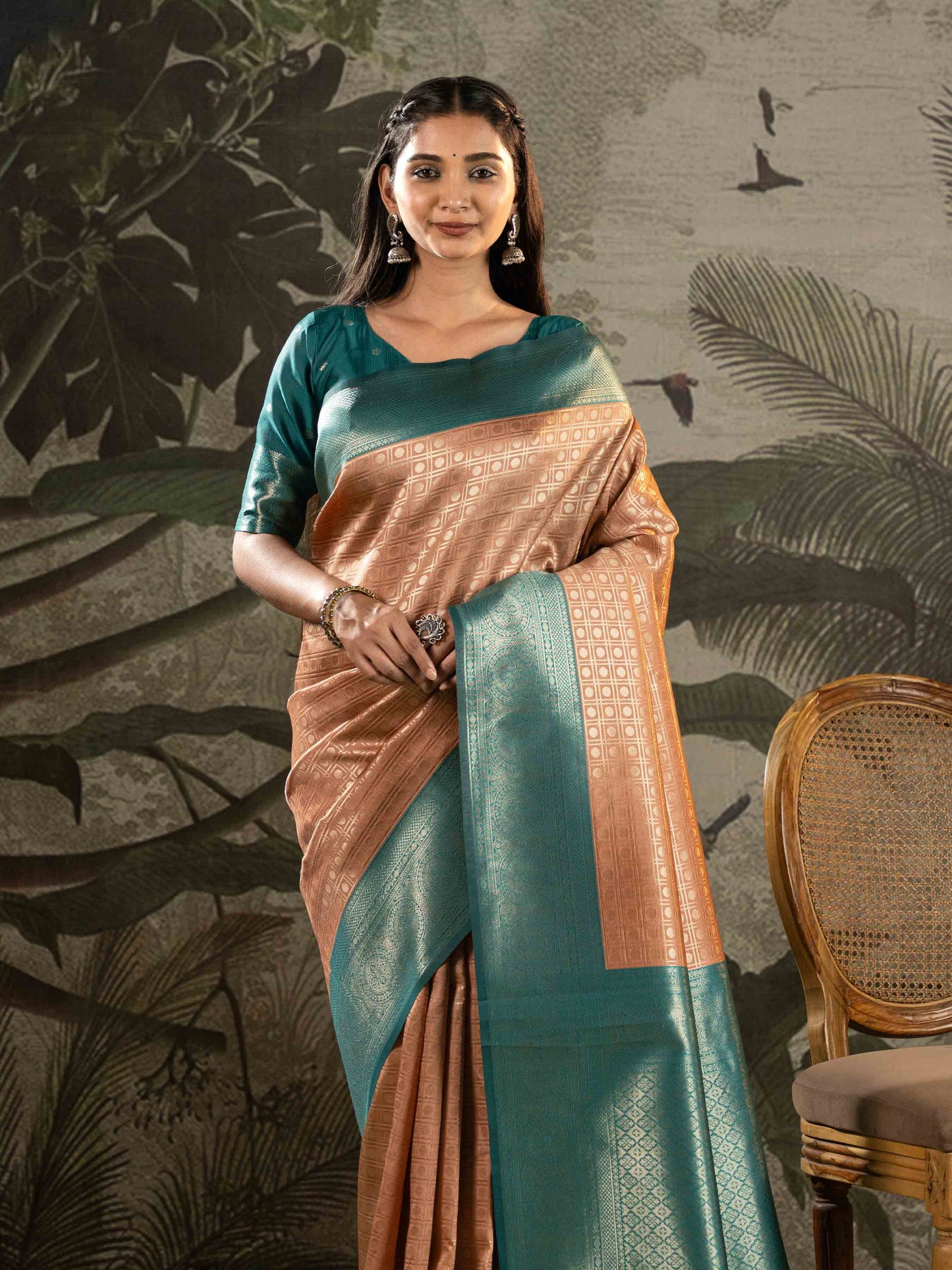Peach and Teal Green Kanjivaram Silk Saree
