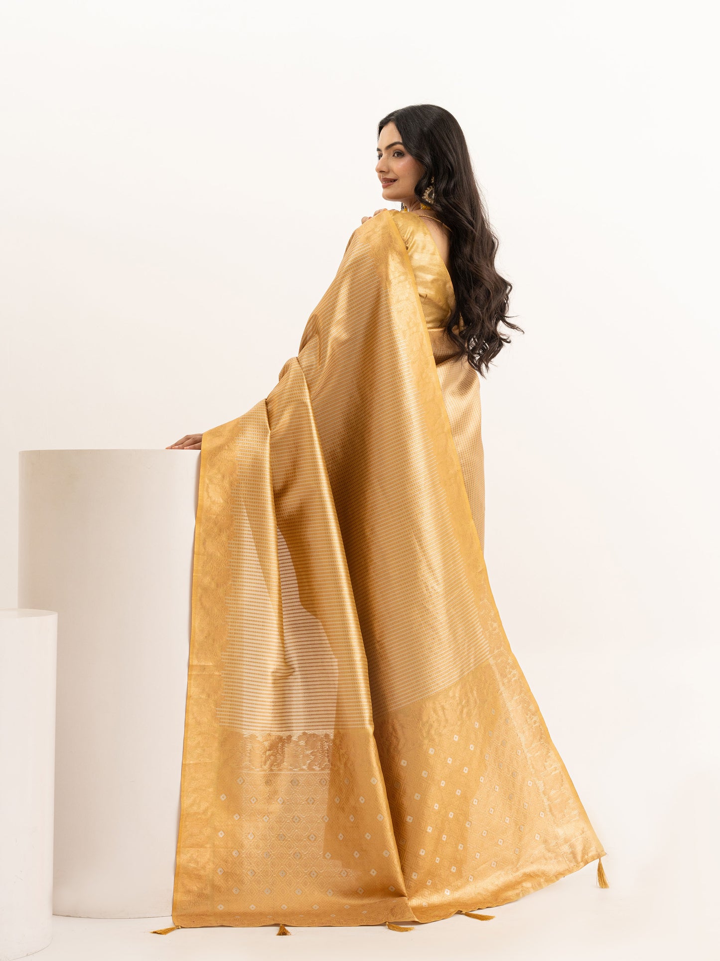 Golden Tissue Silk Saree with Zari Stripes & Brocade Pallu