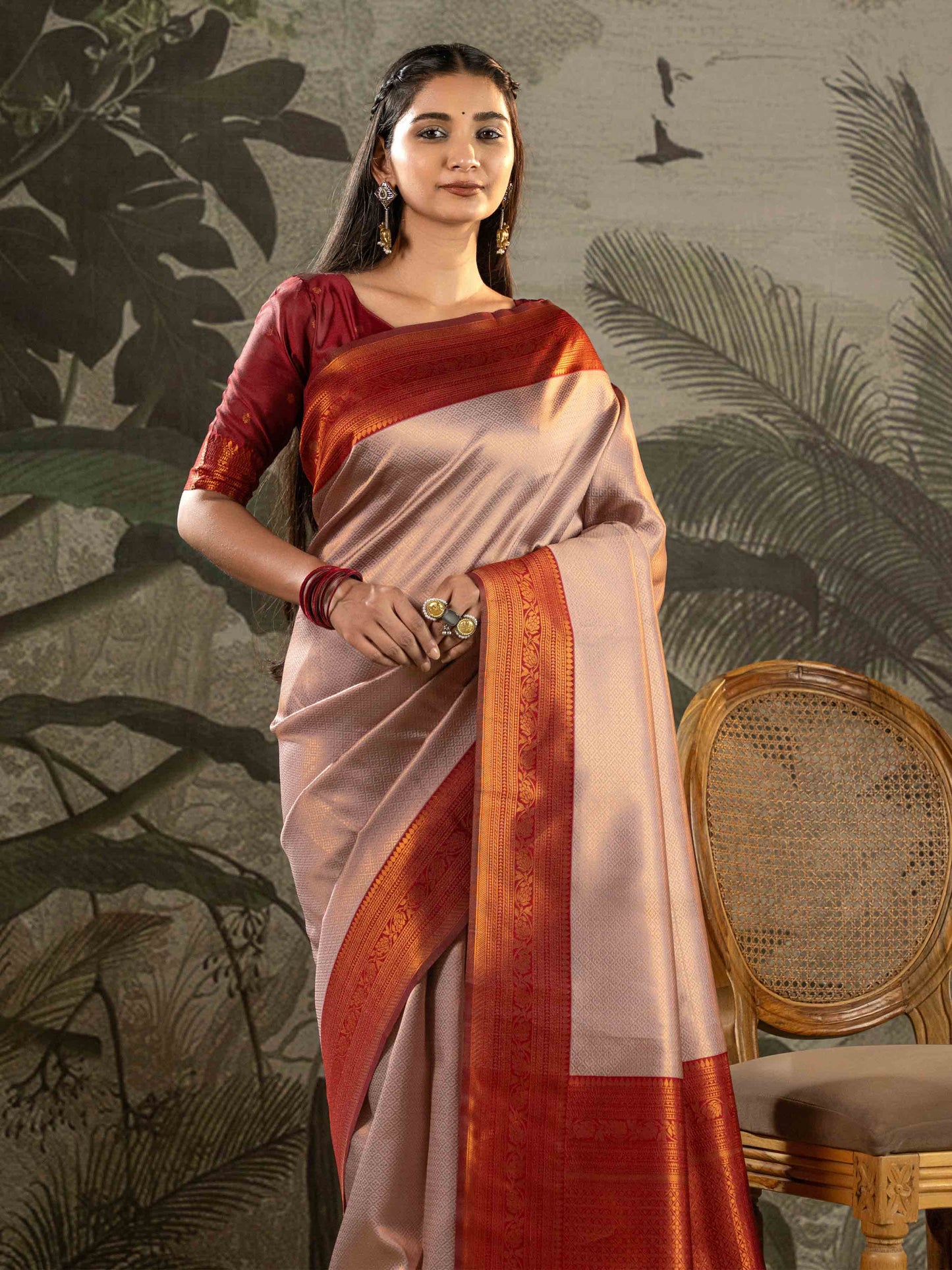 Antique Rose with Vermilion Red Zari Woven Kanjivaram Saree