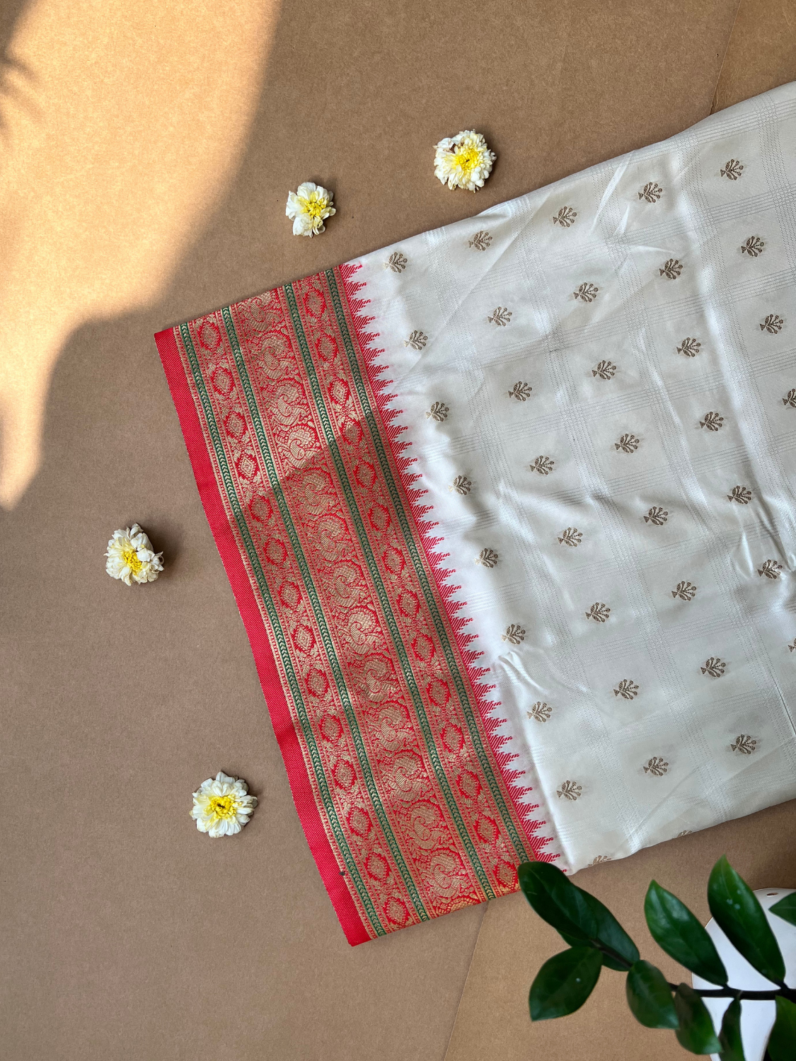 Cream and Red Zari Woven Silk Saree for Durga Puja