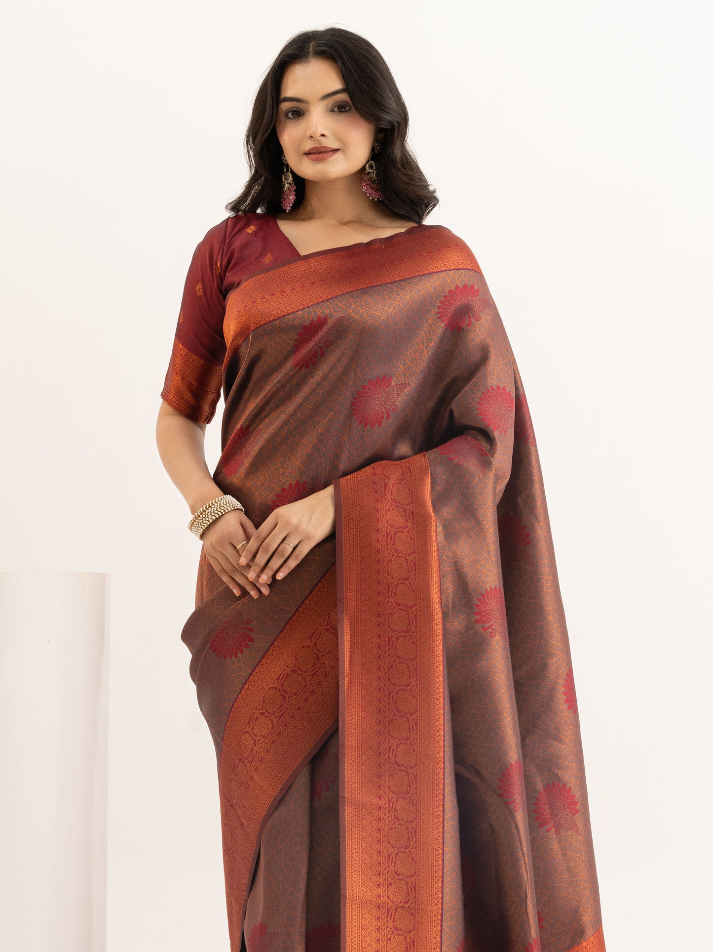 Regal Auburn and Antique Gold Kanjivaram Silk Saree