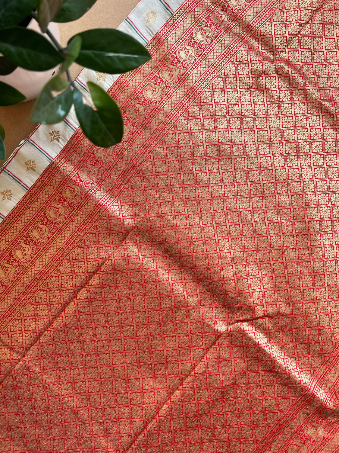 Cream Saree With floral motifs Woven Silk Saree Durga Puja