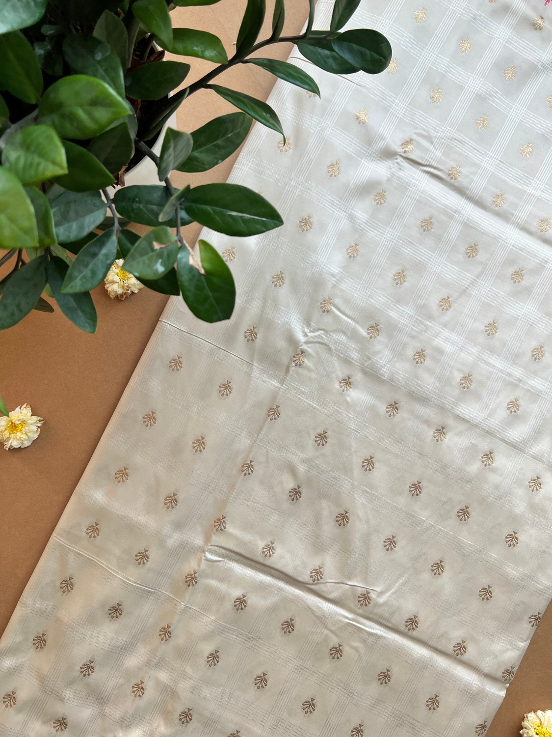Cream and Red Zari Woven Silk Saree for Durga Puja