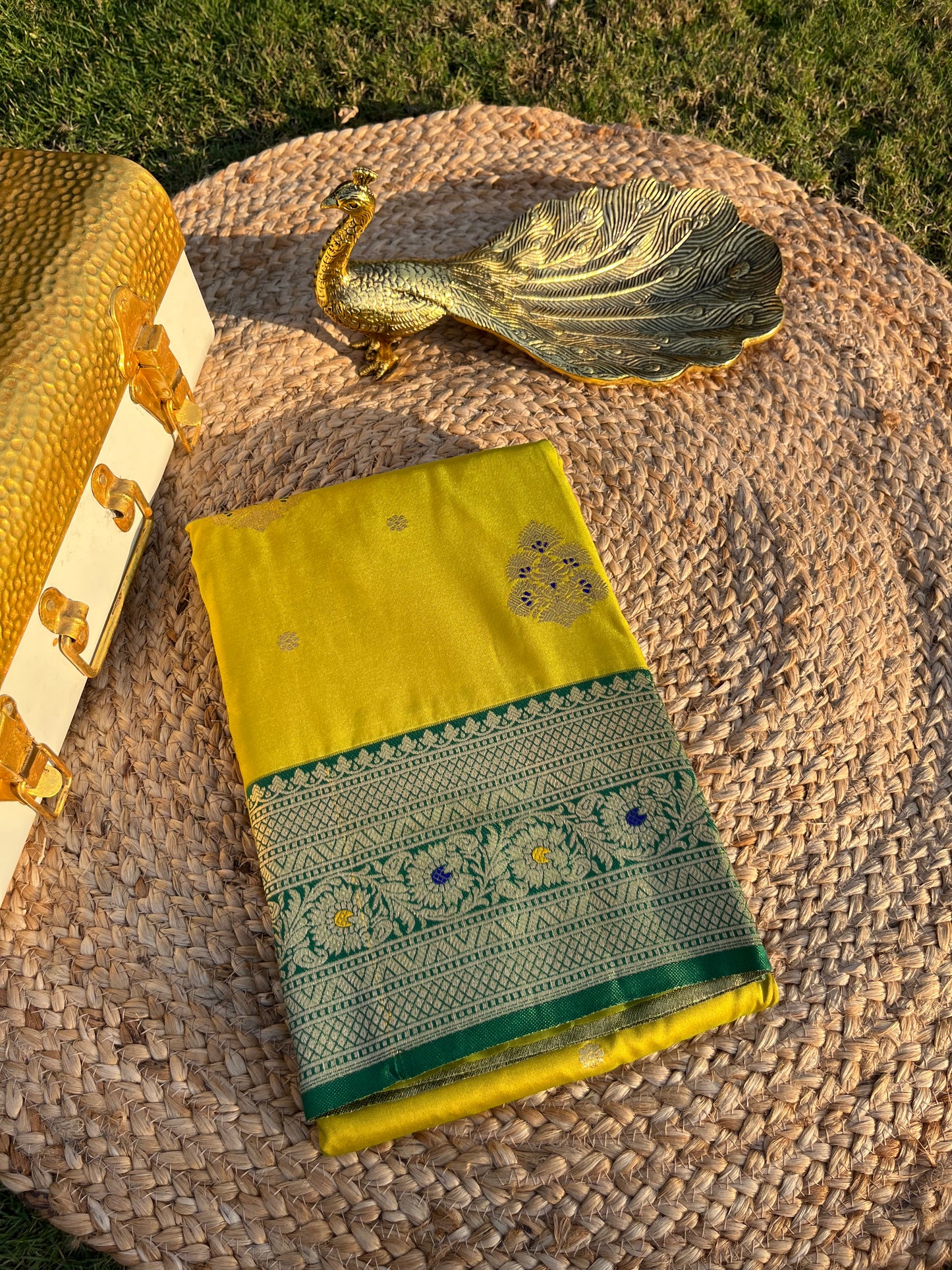Lime Yellow Zari Woven Soft Silk Saree