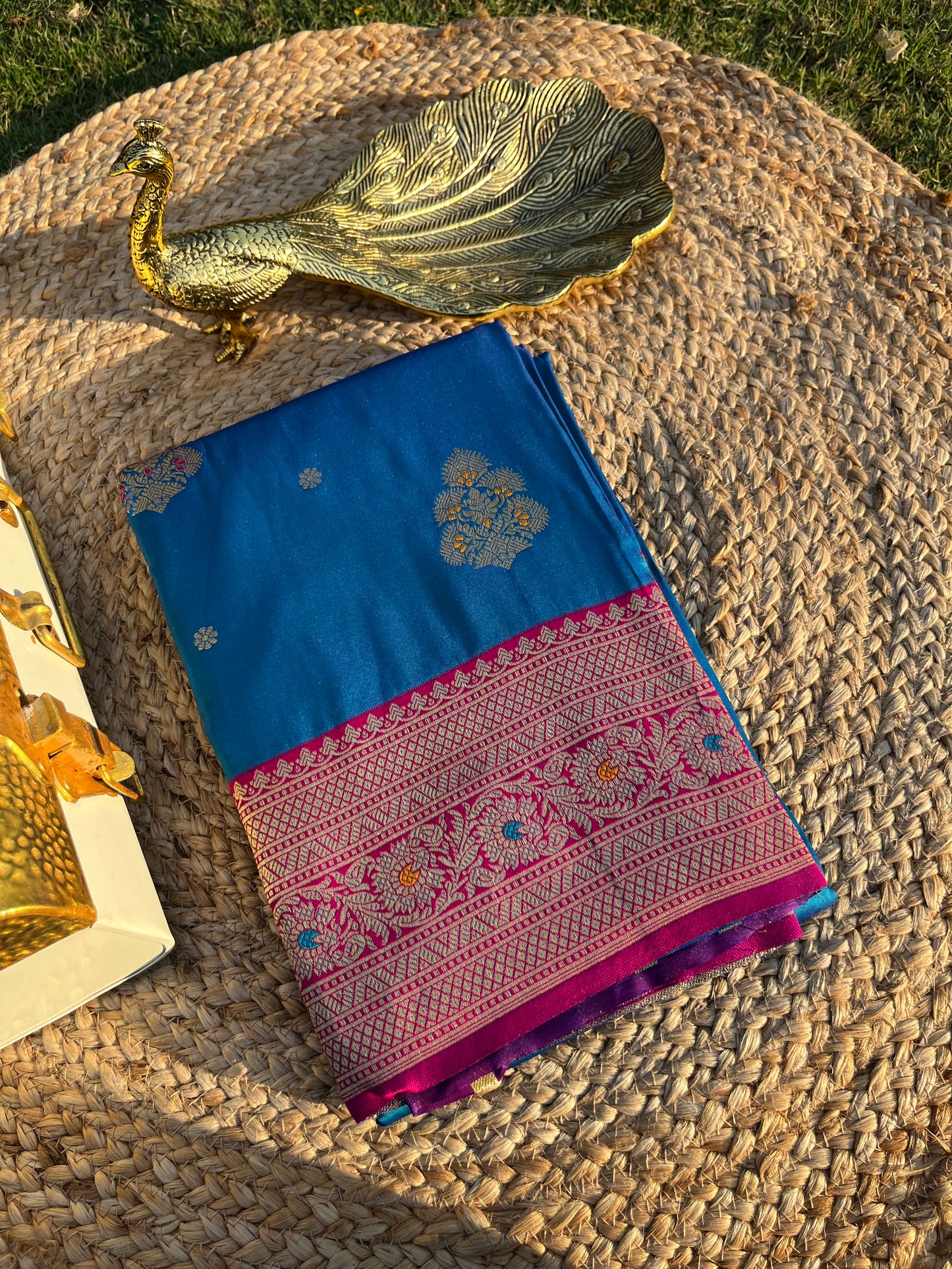 Antique Blue Zari Woven Soft Silk Saree