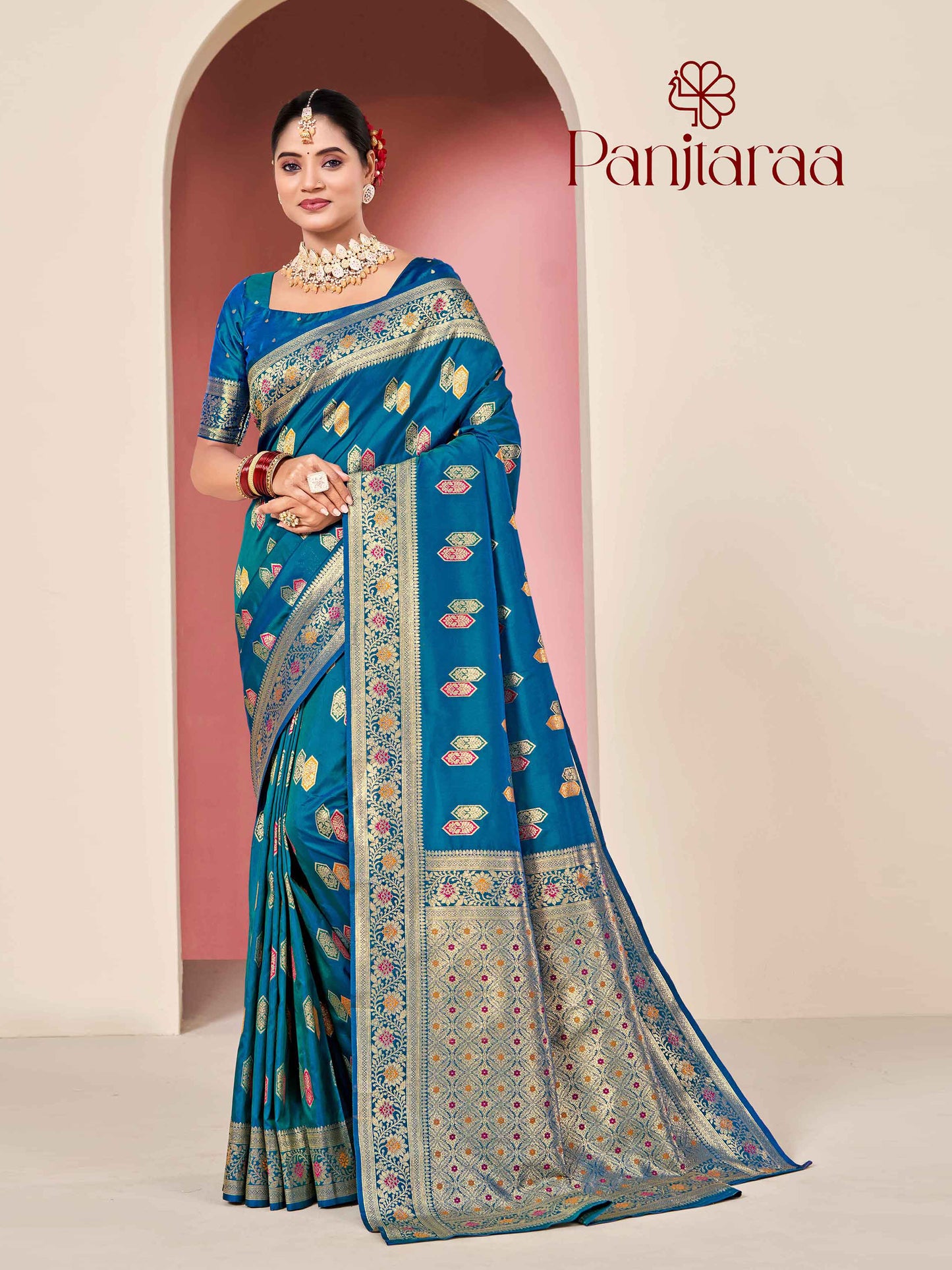 Teal Blue Banarasi Zari Woven Katan Silk Saree
