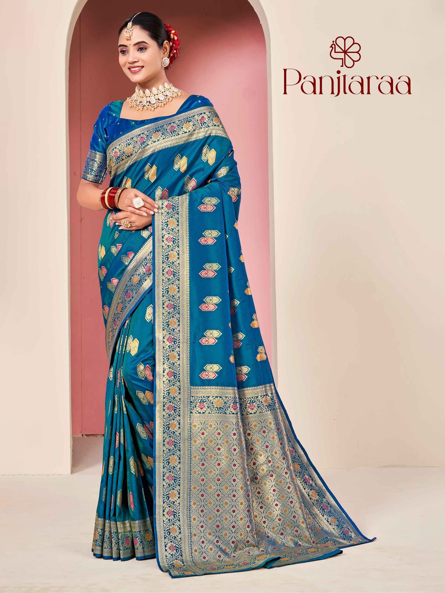 Teal Blue Banarasi Zari Woven Katan Silk Saree