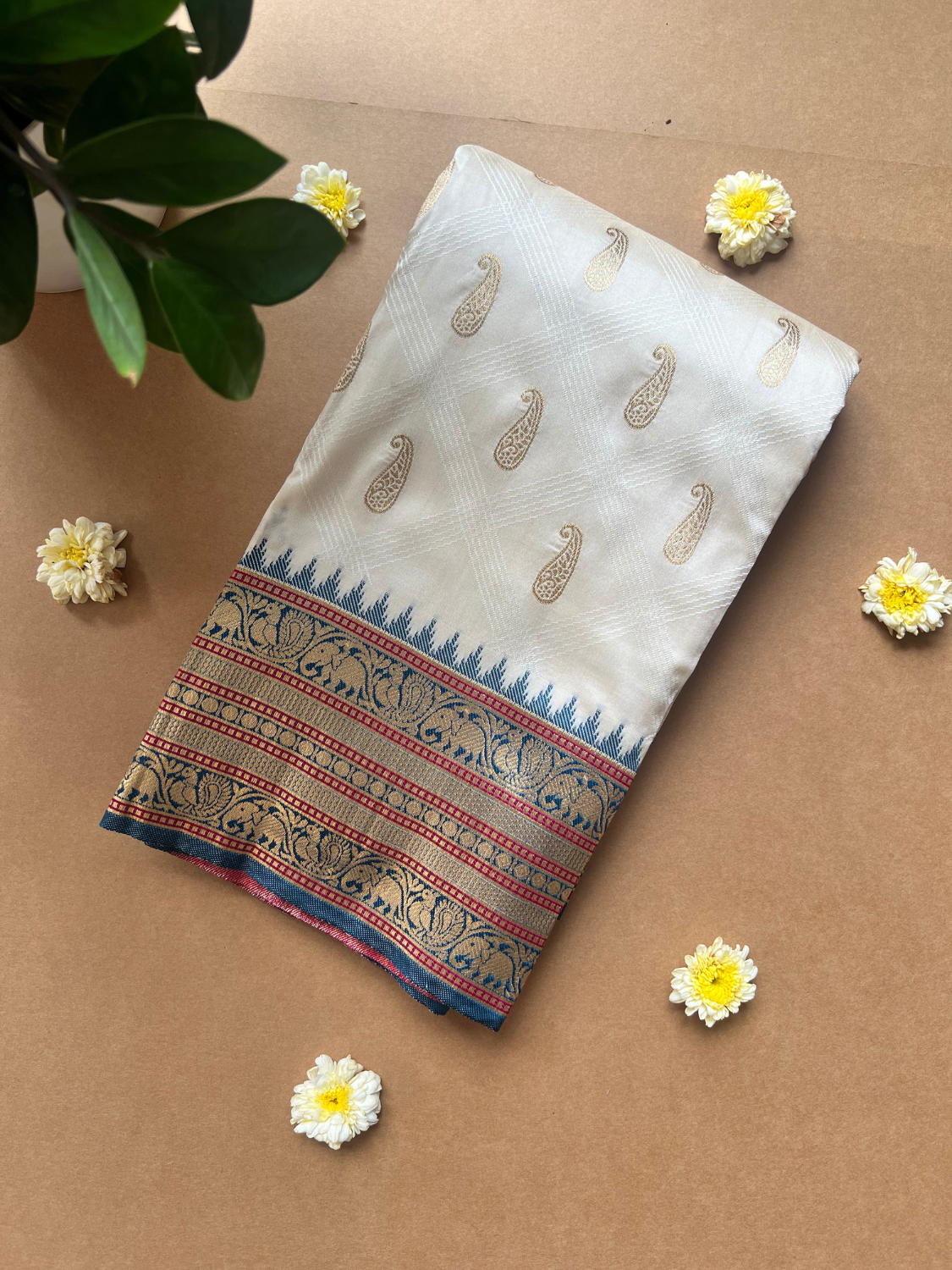 White Paisley Butta Woven Silk Saree with Blue-Red Temple Border