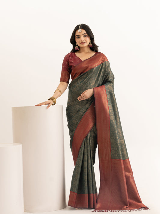 Bottle Kanjivaram Silk Saree with Floral Zari Weave