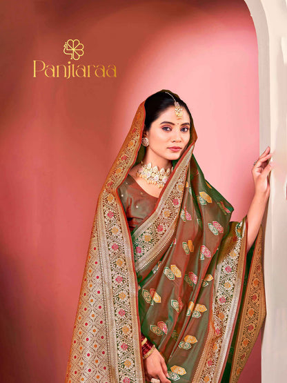 Olive Green Banarasi Zari Woven Katan Silk Saree