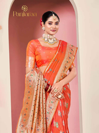 Reddish Orange Banarasi Zari Woven Katan Silk Saree