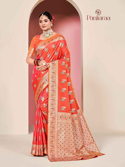 Reddish Orange Banarasi Zari Woven Katan Silk Saree