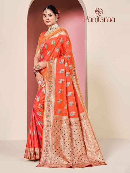 Reddish Orange Banarasi Zari Woven Katan Silk Saree