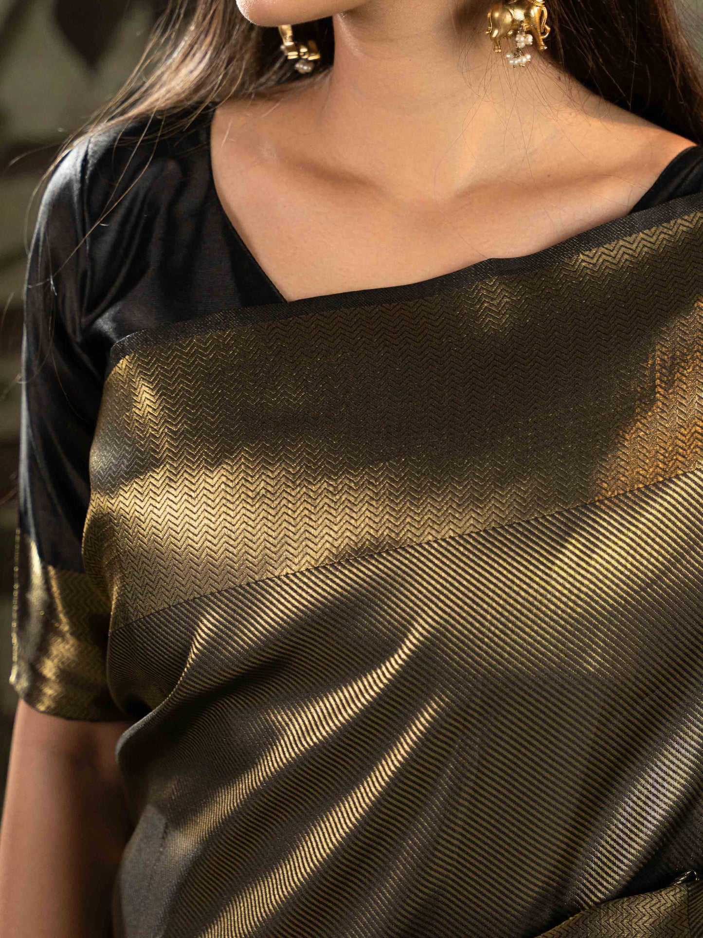Black & Antique Gold Tissue Silk Saree