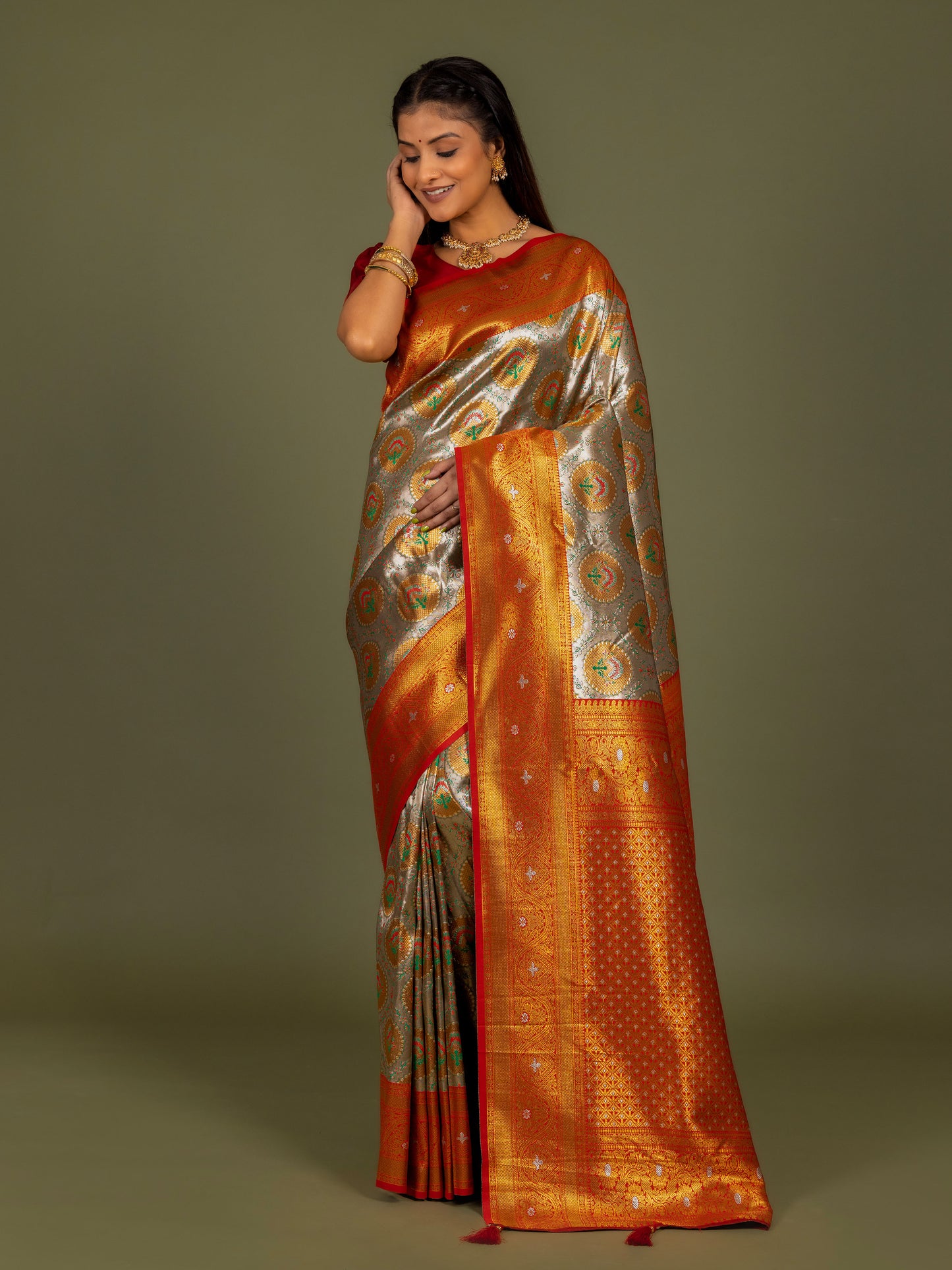 Cantara Orange Dharmavaram Pattu Tissue Silk Zari Weavingn Saree
