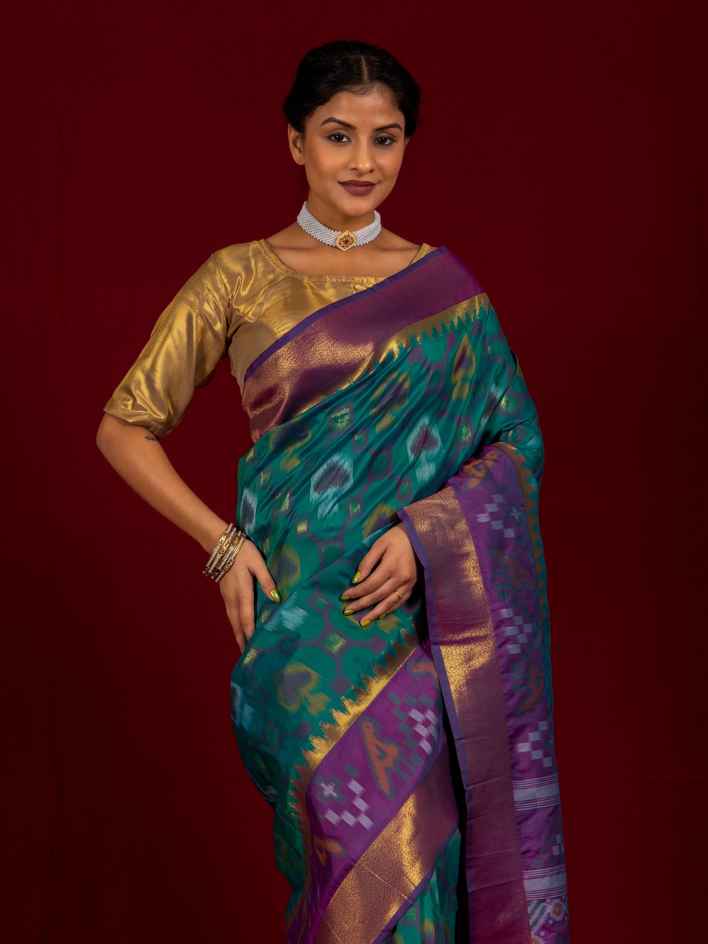 Teal Green Pochampalli Ikat Silk Saree