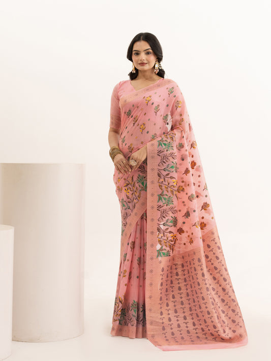 Pastel Pink with Multicolour Floral Woven Linen Saree