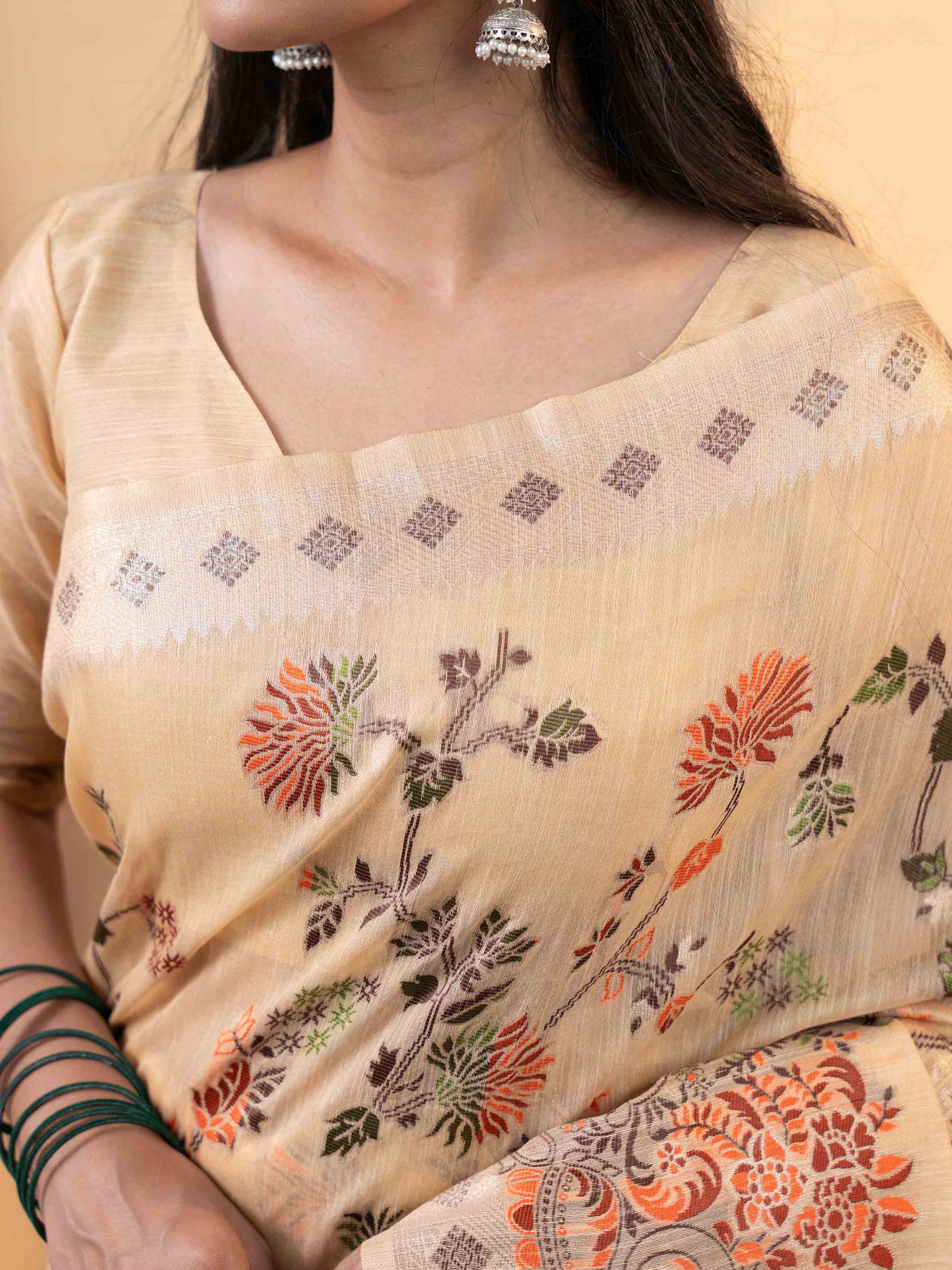 Beige With Multicolour Floral Linen Saree