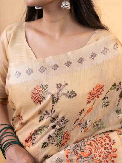 Beige With Multicolour Floral Linen Saree
