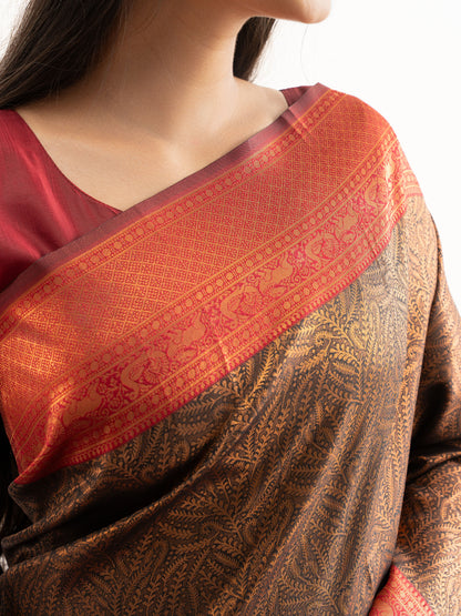 Traditional Copper Brown & Maroon Kanjivaram Silk Saree