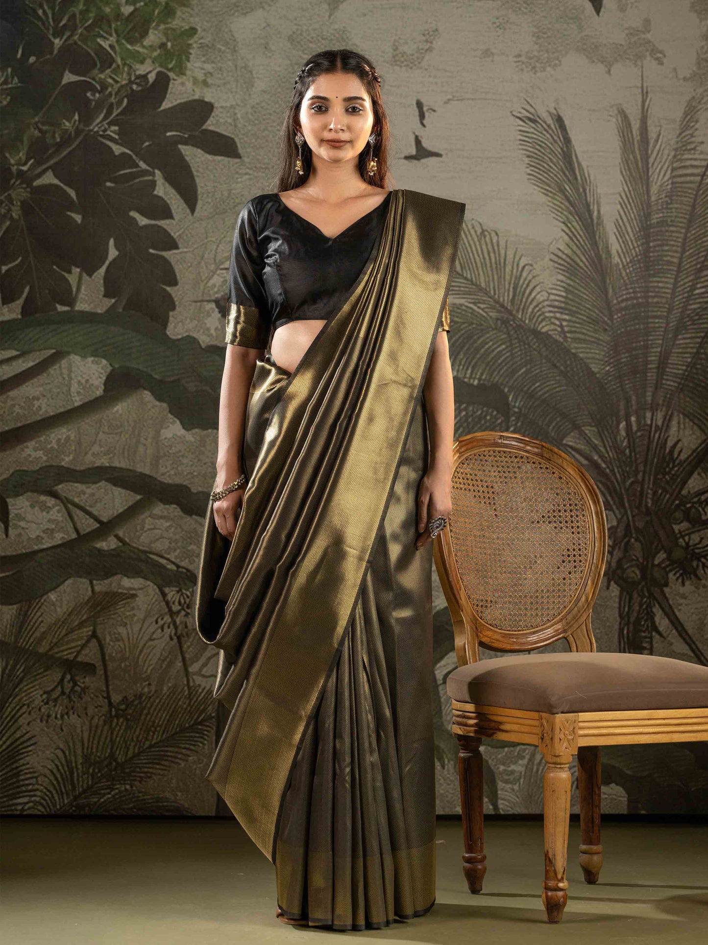 Black & Antique Gold Tissue Silk Saree
