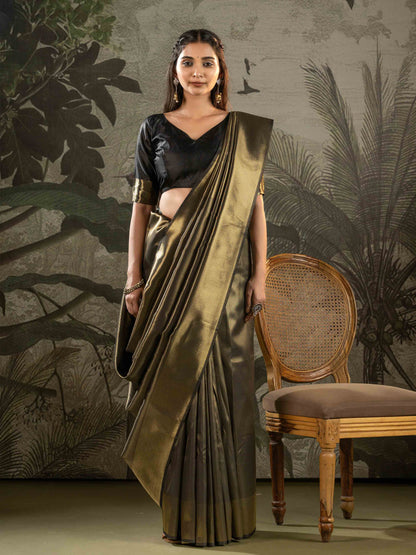 Black & Antique Gold Tissue Silk Saree